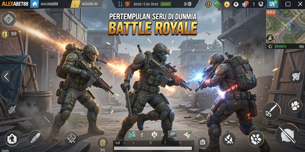 Tampilan aksi seru dalam permainan Battle Royale ALEXABET88.