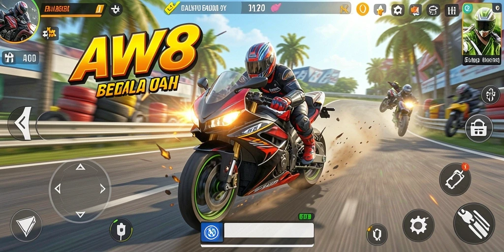 Screenshot gameplay AW8 menampilkan balapan motor yang mendebarkan dan realistis.