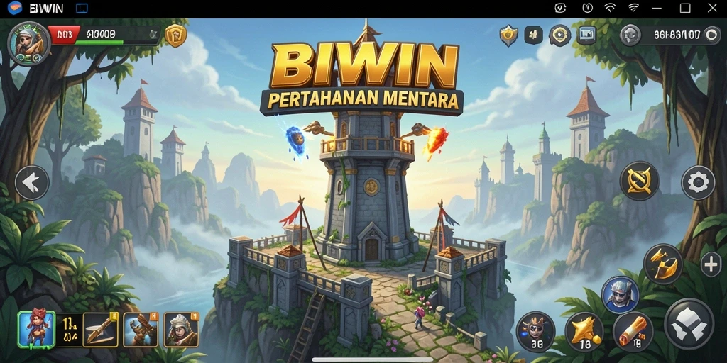 Screenshot BIWIN menampilkan aksi gameplay Tower Defense yang intens.