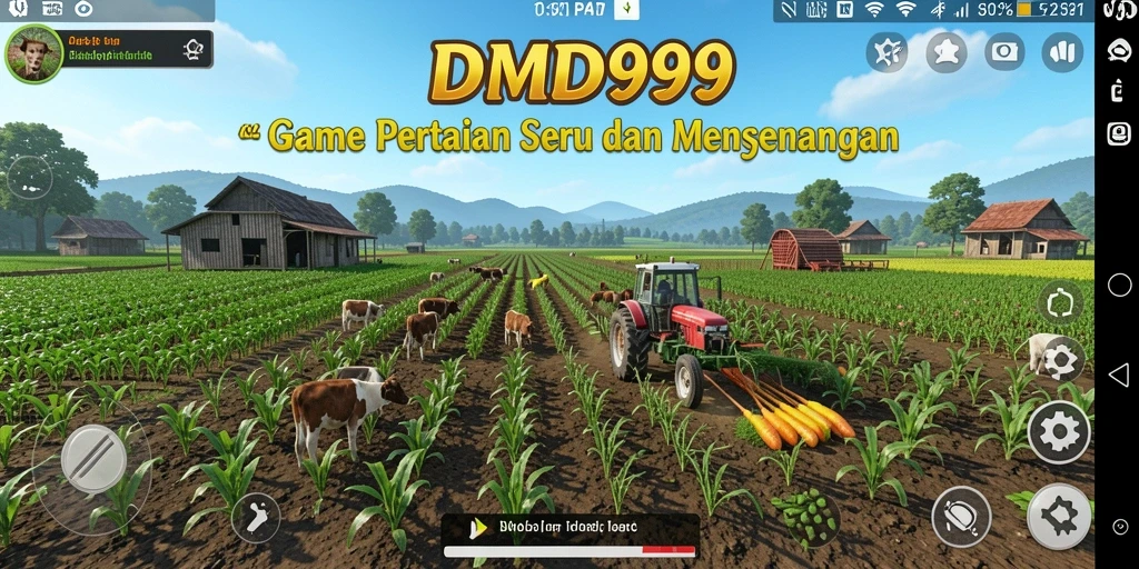 Tampilan gameplay DMD999 yang menampilkan kebun yang indah dan hasil panen yang melimpah.