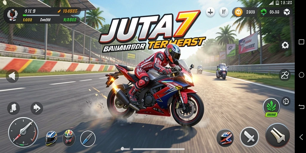 Screenshot utama JUTA7 menampilkan aksi balap motor yang mendebarkan.