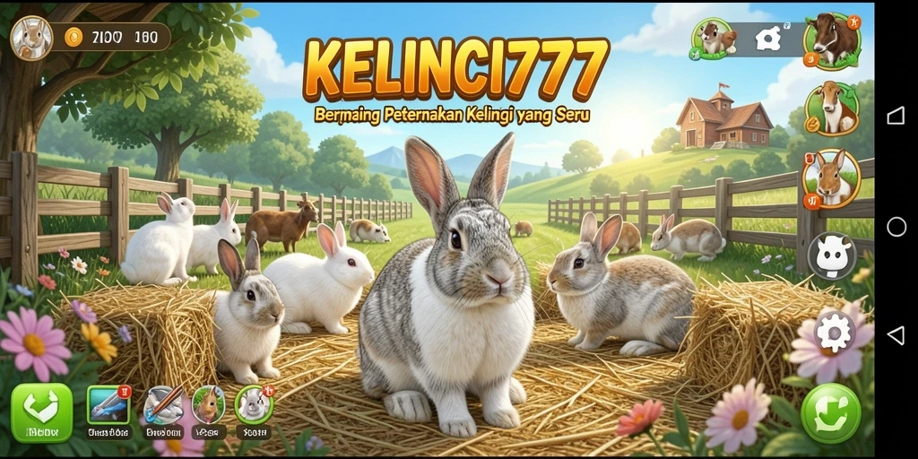 Tampilan gameplay KELINCI777 yang menampilkan peternakan kelinci yang asri.